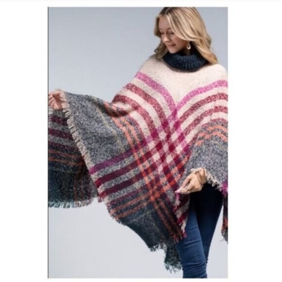 Soft Boucle Yarn Plaid Motif Turtleneck Poncho W/ Fringe-NEW - Picture 2 of 9